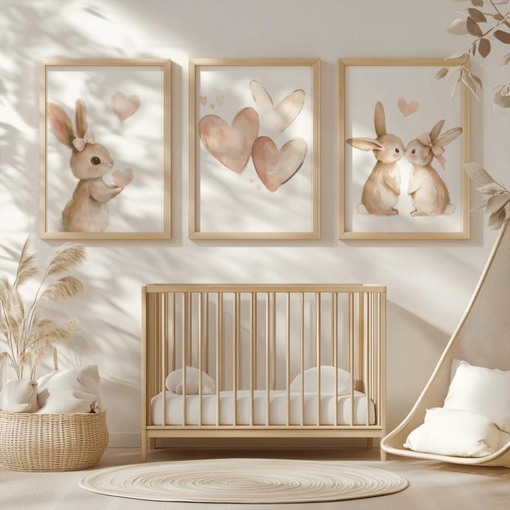 Frameless Rabbit Poster,Girl Pink Beige Decor,Heart Decoration Rabbit Picture,Animal Digital Download,Living Room Bedroom Decor