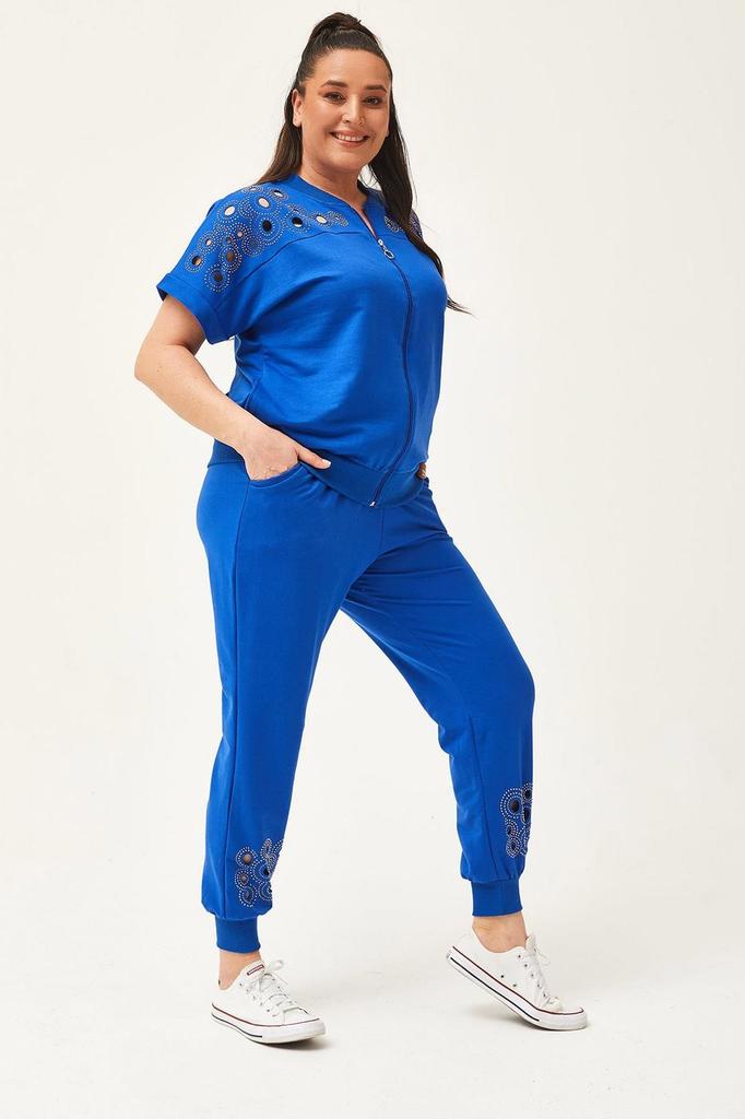 Women's Fashion Big Size Tracksuit Set Large Size Transparent Cut Stone Printed Summer Short Sleeve Green Tracksuit Set