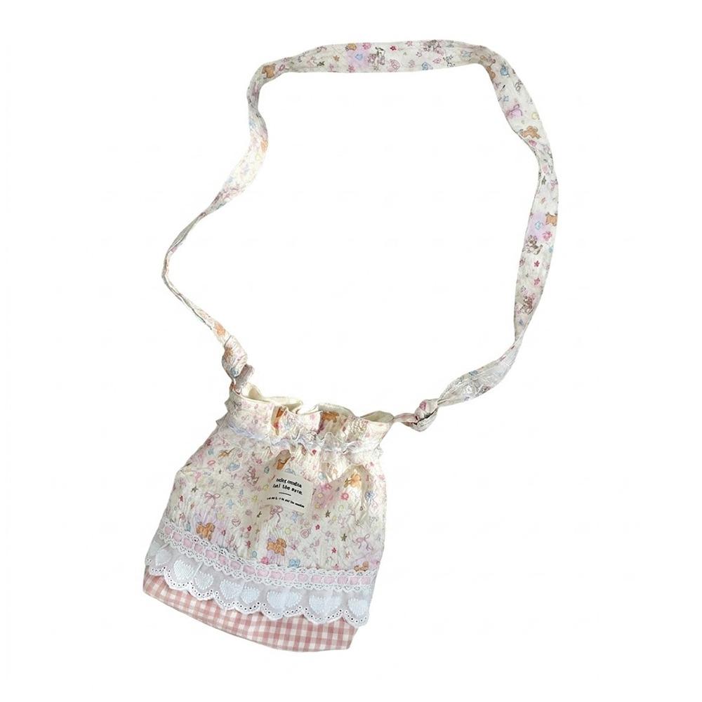 Floral Plaid Lace Shoulder Bags Cartoon Pattern Multicolor Drawstring Shoulder Bags Canvas Long Belt Crossbody Bag Daily Use