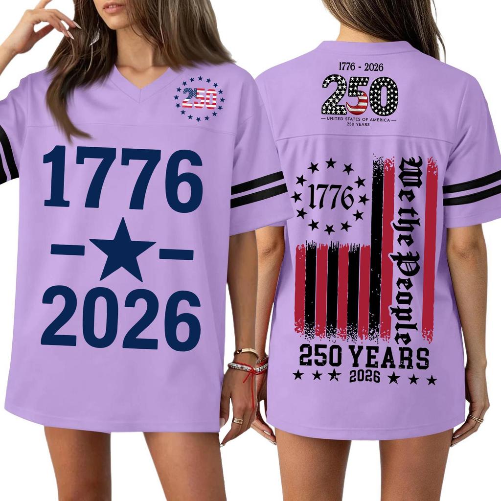 Women V Neck Casual Loose Fit Sports Jersey Top with 250th Anniversary Print Short Sleeve Independence Day Shirt