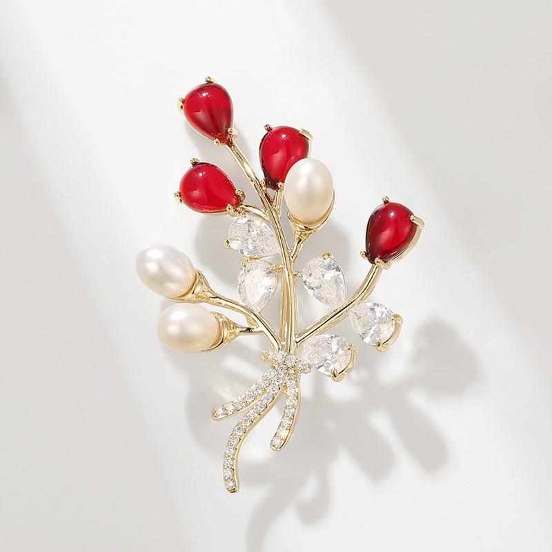 Bocxin Yun Elegant Carnelian Flower Brooch with Freshwater Pearl  Zirconia