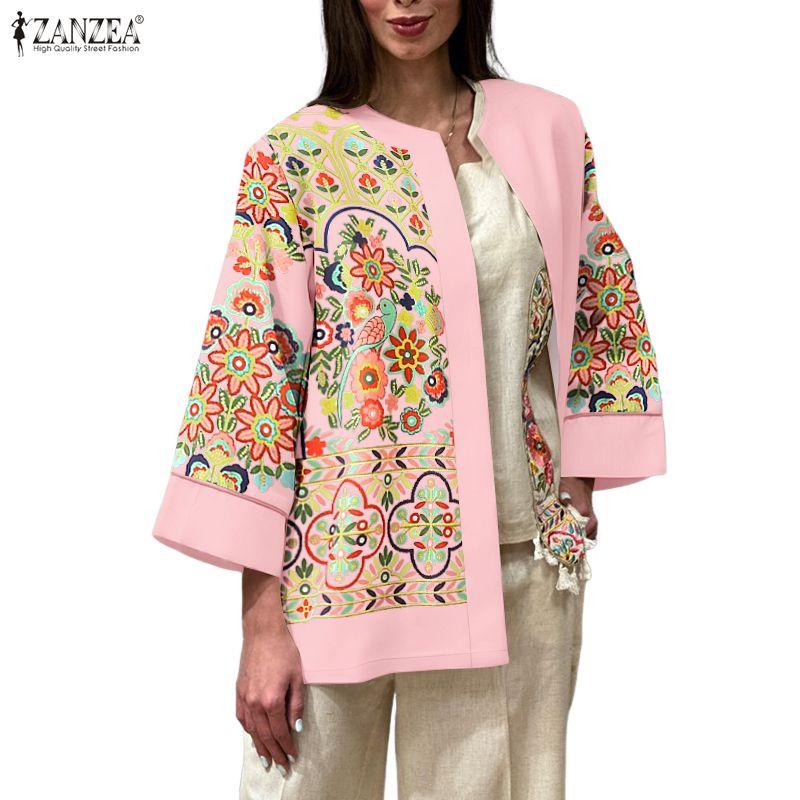 ZANZEA Women Casual Floral Print Loose Long Sleeve Cardigan Blouse