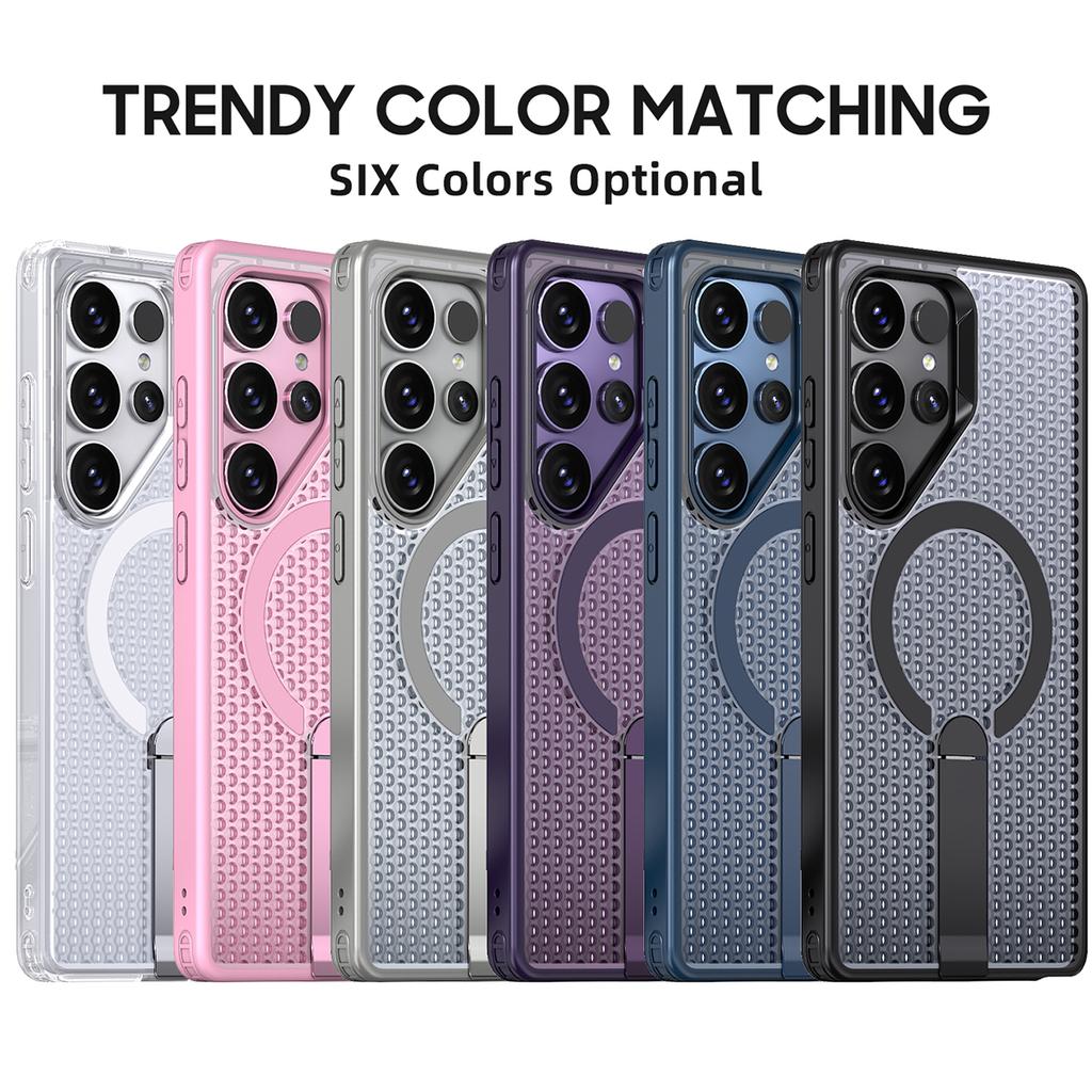 For Samsung Galaxy S25 Ultra Magnetic Case Kickstand Grid Texture TPU PC Phone Back Cover