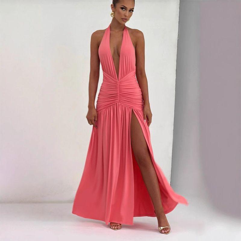 European and American Style Cross-Border Summer New Fashion Sexy Slim-Fit V-Neck Spicy Girl Solid Color Halter Neck Slit Dress Rose Red L