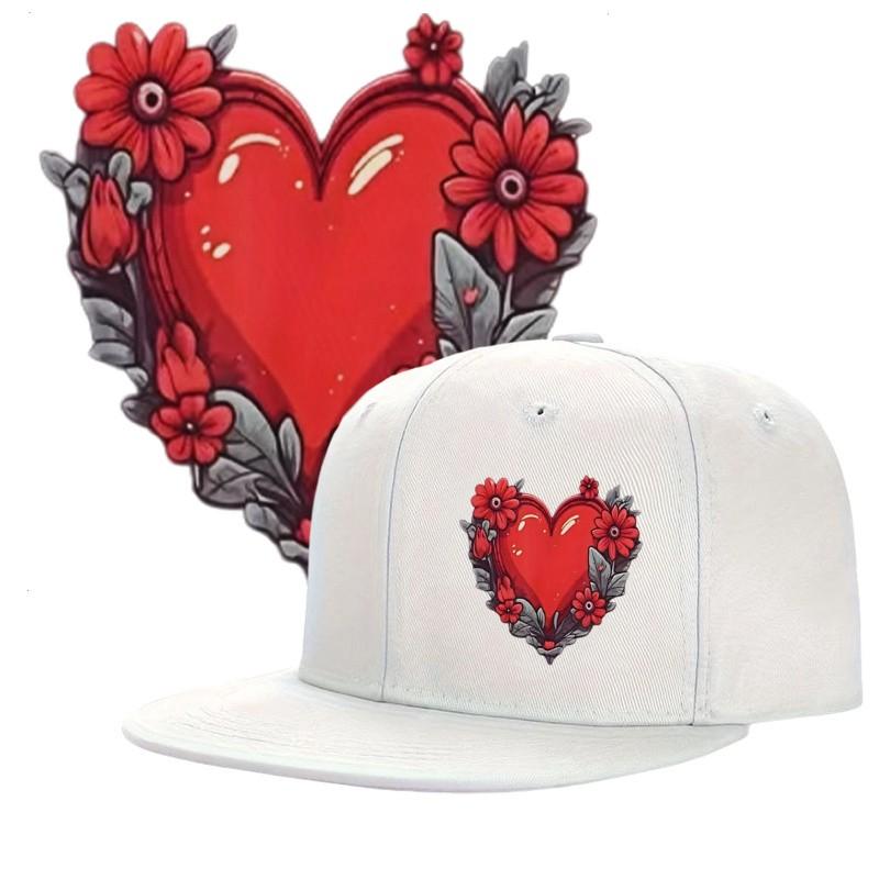 Floral Red Heart Baseball Cap Polyester Casual Unisex Snapback Hat All Season Accessory One Size