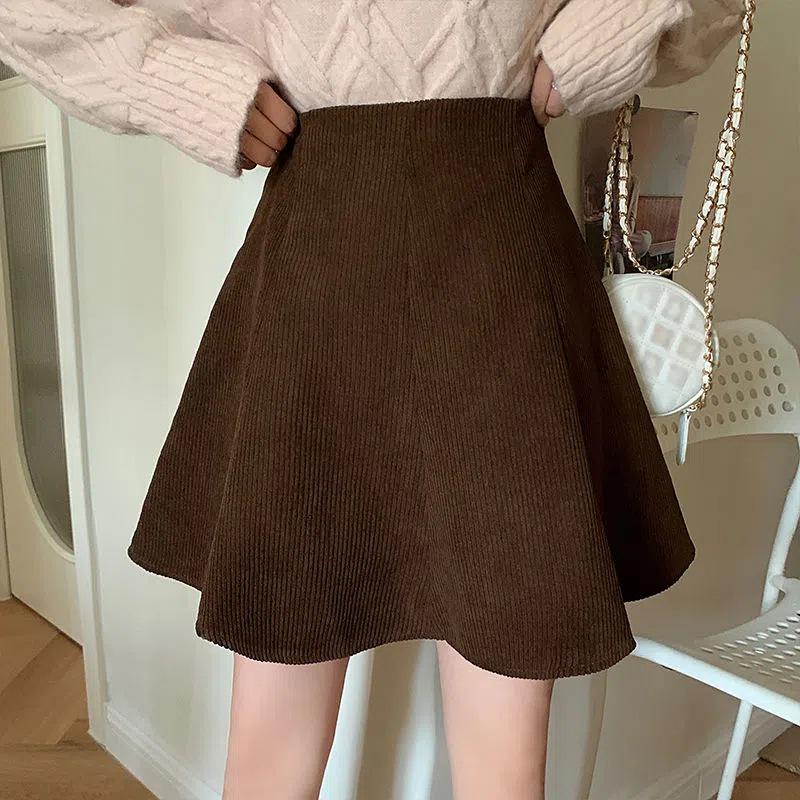 Plus Size Corduroy A-line Midi Skirt High Waist Flared Umbrella Design