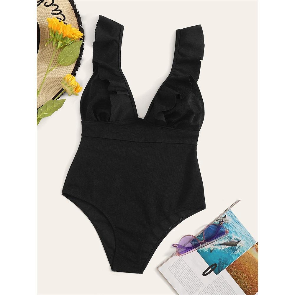European and American One-piece Ruffle Edge Swimwear Three-dimensional Striped Sexy Swimsuit
