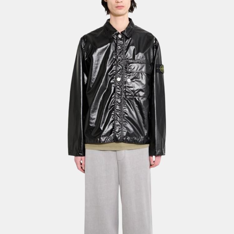 Stone Island Solid Color Polo Collar Single Breasted Long Sleeve Jacket Men Jackets Black K1S1512000-01S0022-V0029