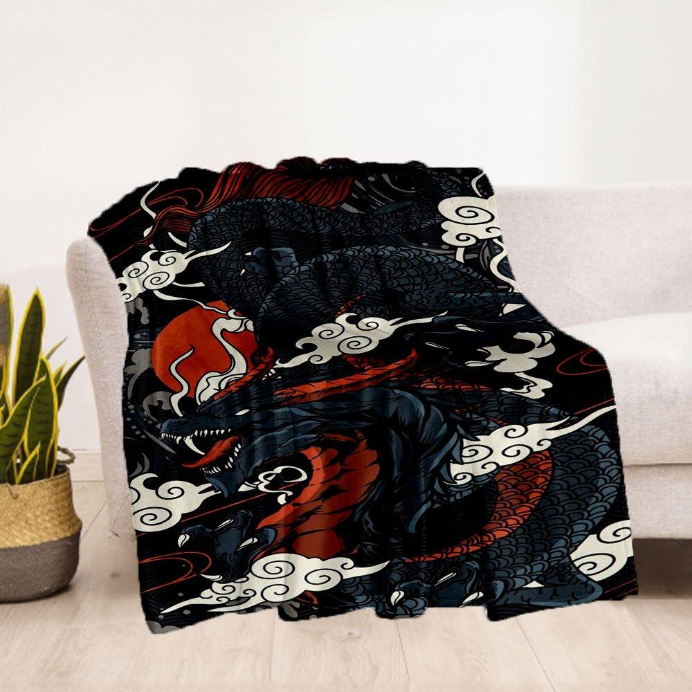 "Poster Murale Drago Giapponese - Stile Tatuaggio Tradizionale" Coperta in Flanella per Divano, Letto, Viaggio, Campeggio, Ufficio, Divano, Cha