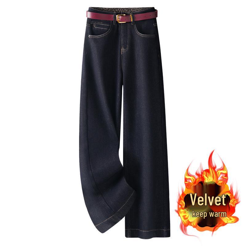 

2024 Women s Fleece-Lined High-Waist Wide-Leg Blue Jeans 2XL