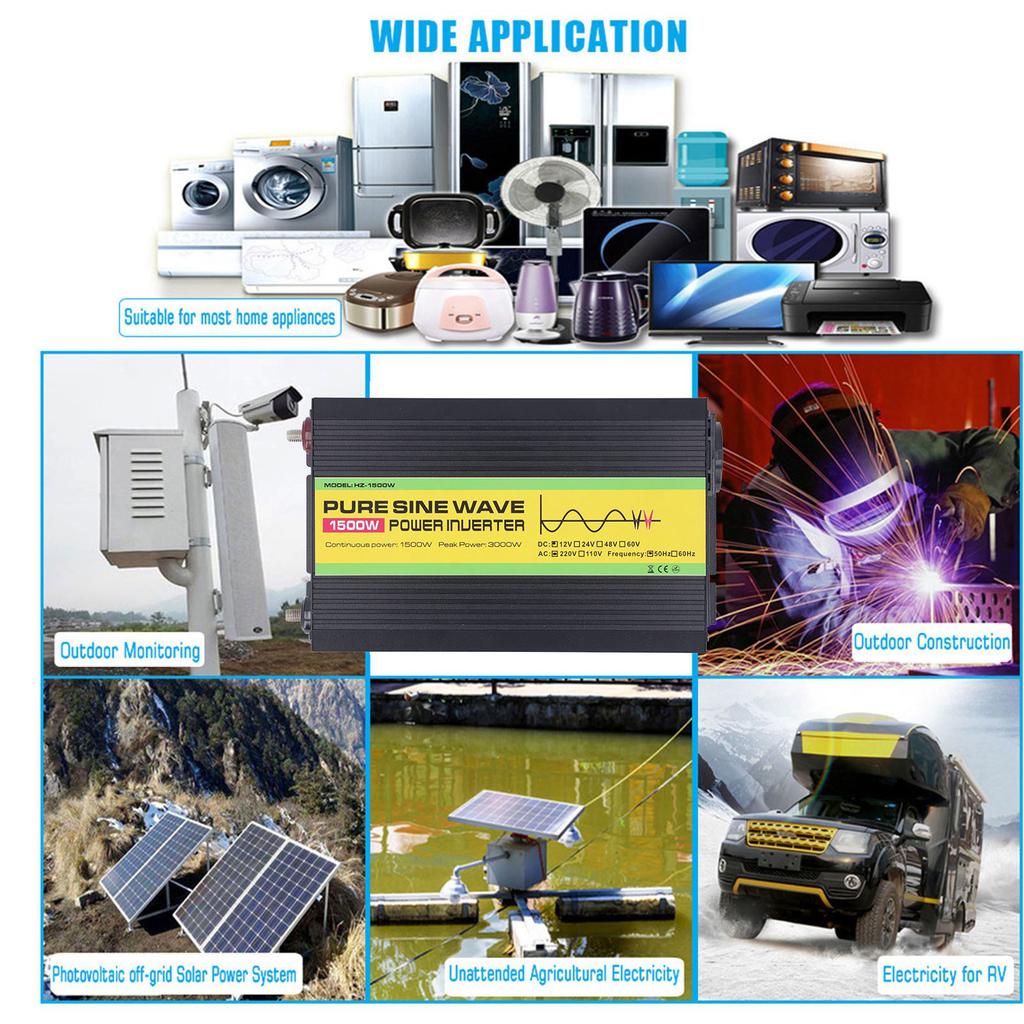 1500W Pure Sine Wave Power Inverter DC 12V To AC 220V Peak Power 3000W with LCD Single Digital Display