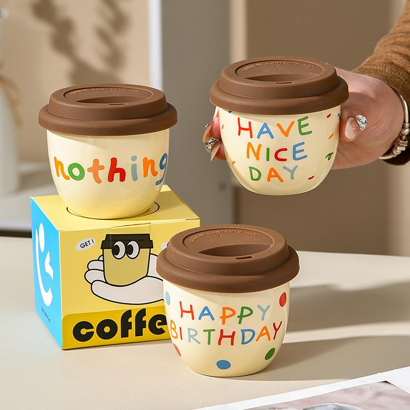 Cartoon English Casual Cup Silicone Lid Direct Drinking Mouth Coffee Cup Small Capacity Mocha Ceramic Hand Holding Cup Birthday Gift