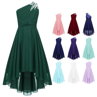 Abito da sposa per bambina, damigella d'onore, senza maniche, a fiori, con orlo asimmetrico, in chiffon, per feste di ballo di fine anno