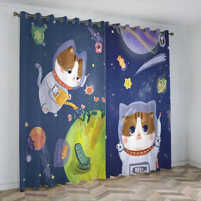 

Шторы с изображением кота-астронавта из мультфильма для детской комнаты, затемняющие шторы для мальчиков и девочек, затемняющие шторы для спальни, затемняющие шторы для детского сада W55 X H120cm X 2&Grommet Top