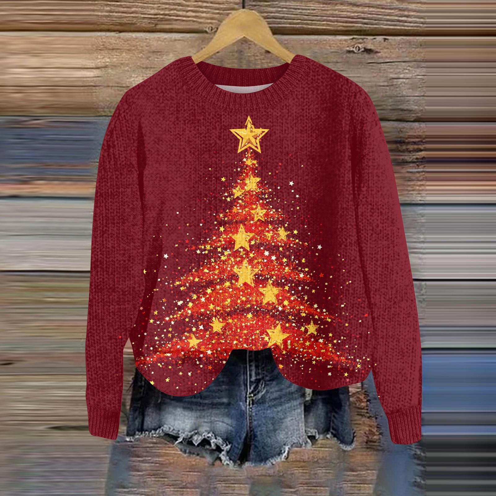 

Рождественские толстовки для женщин Вязаный свитер Милая рубашка Осенний свитер с круглым вырезом Топы L киноварь