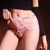 Satin Mid-Waist Tummy Control Silky Open Crotch Panties Plus Size Pure Desire Style See-Through Panties Letter Lace Shorts