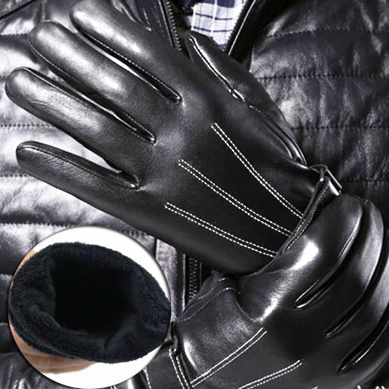 Autumn and winter leather gloves men's touch screen leather gloves PU driving three tendons skiing cold protection warm velvet thickened