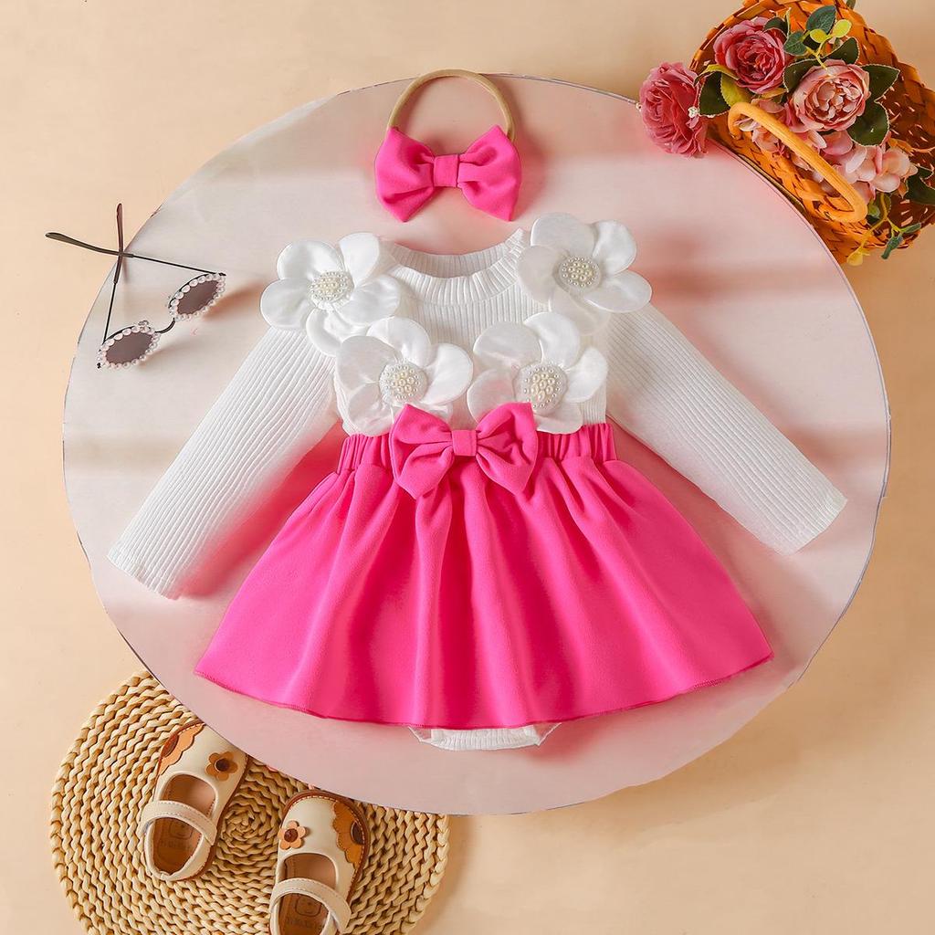 Girls' Long Sleeve Dress & Headband Set with 3D Flowers