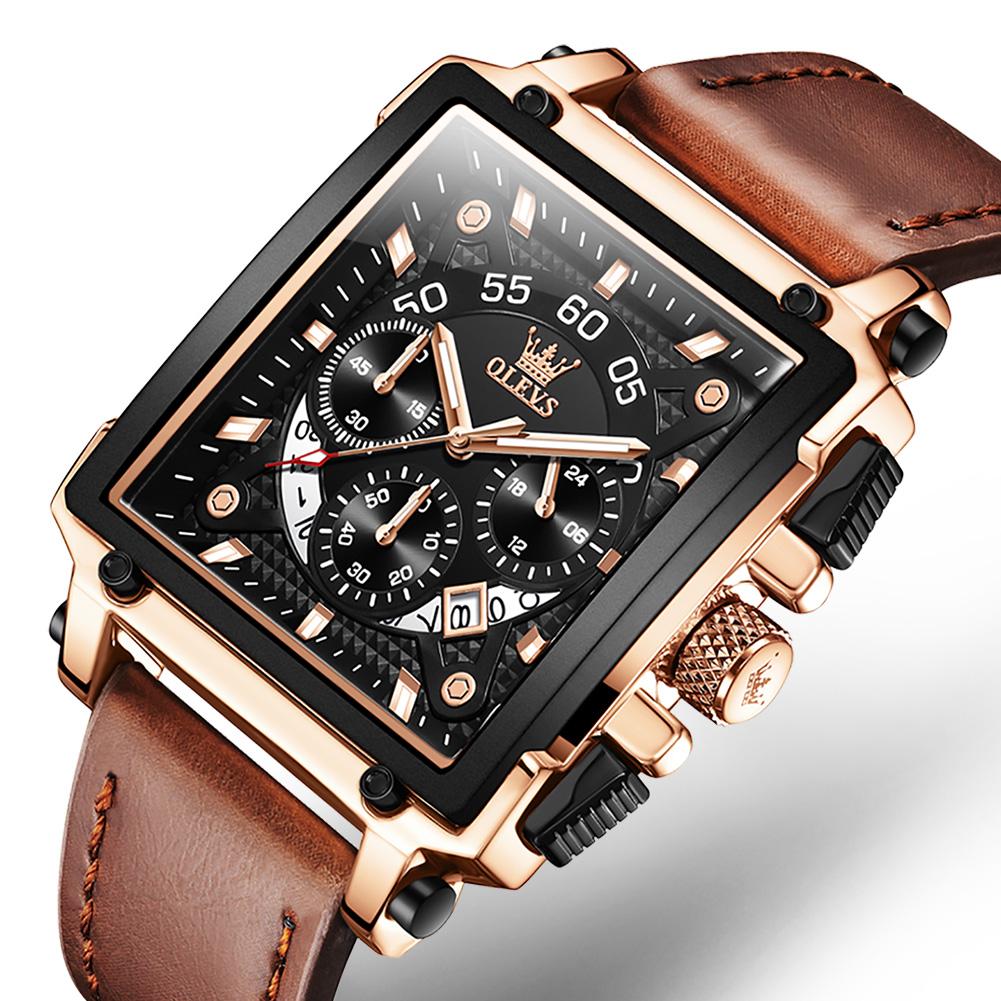 Male Watches Square Quartz Watch For Men Waterproof Leather Strap Chronograph Wristwatch Luminous Relogio Masculino