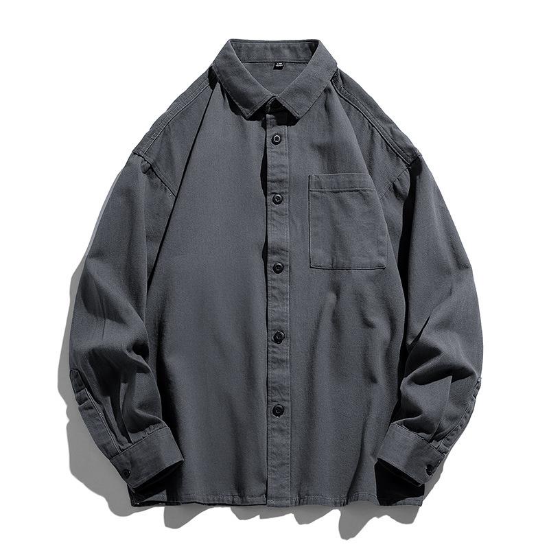 Men S Long Sleeve Cotton Shirt Casual Japanese Style Solid Color Workwear