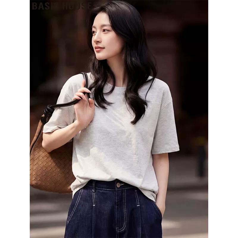 Basic House Women s Gray Pure Cotton Short Sleeve Loose Round Neck T-Shirt L