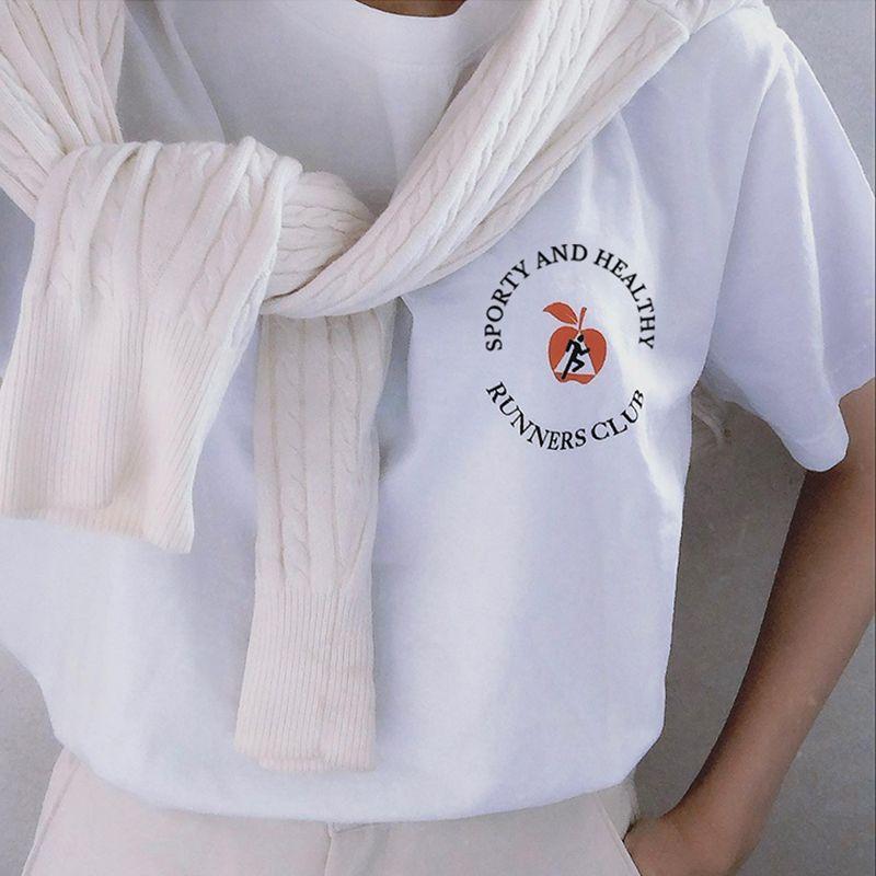 Runners Club American Retro Sports Style Pure Cotton Short-Sleeved T-shirt for Women