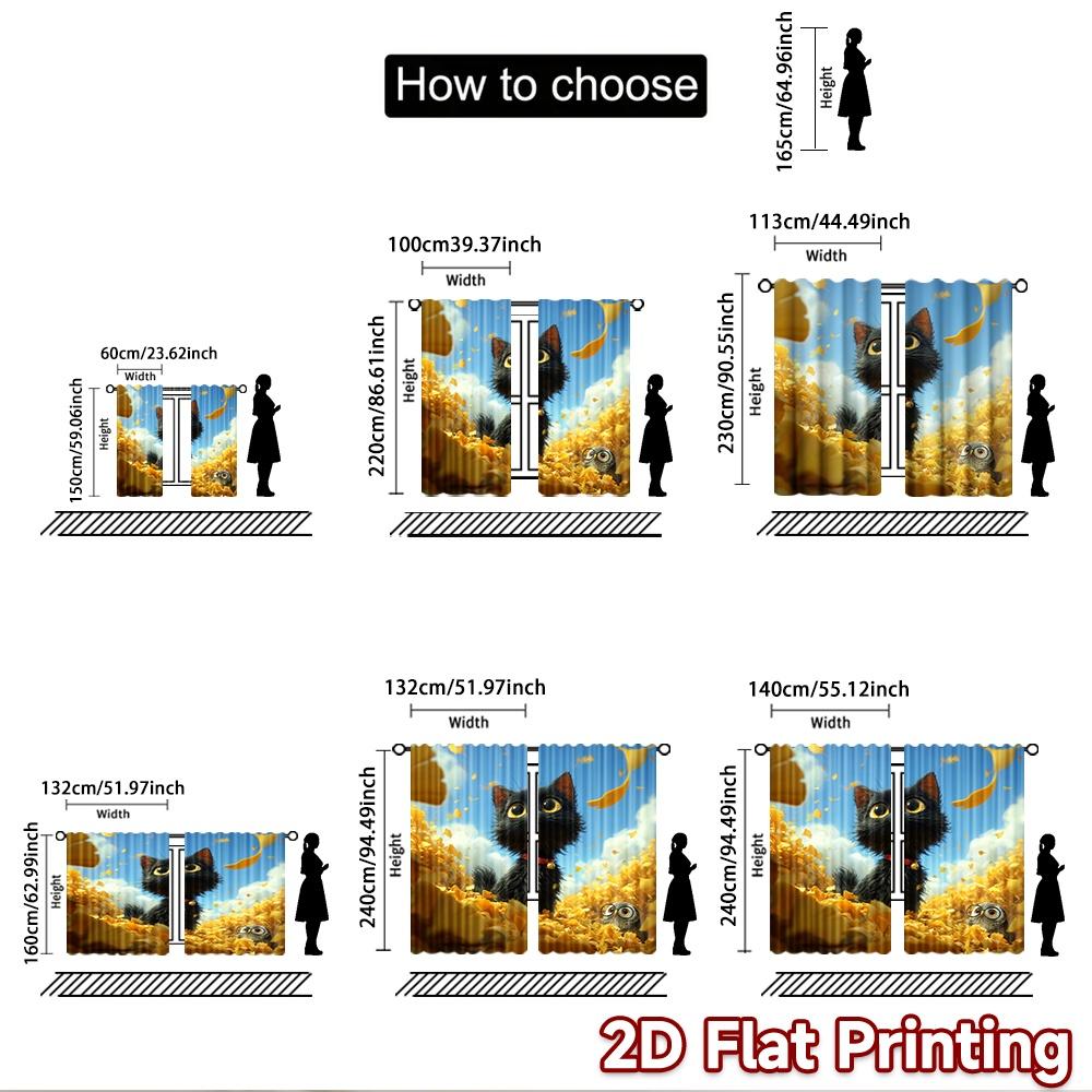 2D flat printing 2pcs Window Curtains Black Cat Yellow Leaves Digital Printed Polyester Drapes Festive Curtains Use for Outdoor