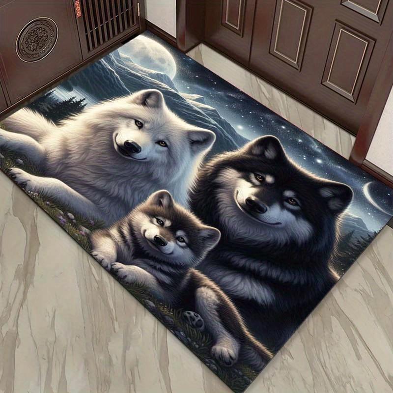 Wolf Family Rug for Nature Enthusiasts | 3D Animal Print Carpet | Wildlife Themed Living Room Decor Skid resistant carpet