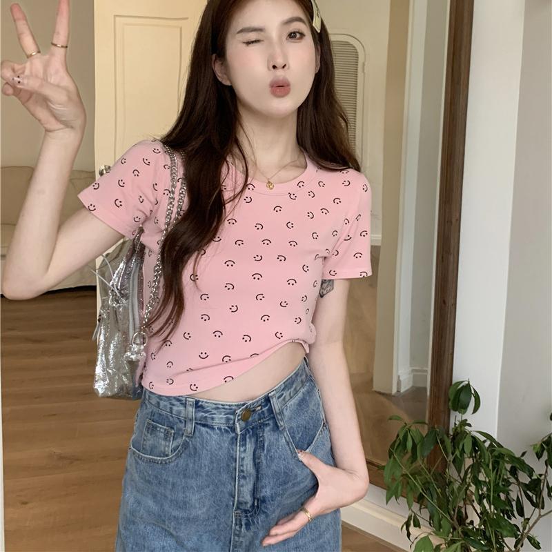 

Модные корейские серо-белые женские футболки летние с коротким рукавом и круглым вырезом повседневные тонкие короткая футболка с графическим принтом женские топы y2k одежда XXL розовый