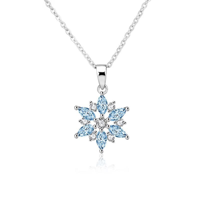 Blue shiny zircon snowflake necklace women sweet temperament clavicle chain autumn and winter stainless steel necklace