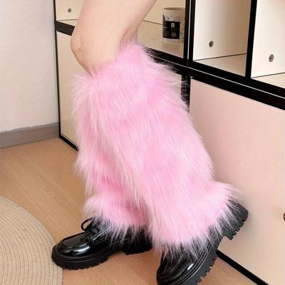 Calfskin Imitation Mink Plush Y2K Leg Warmers Faux Leather Buckle Warm Mid Calf Sock Covers for JK Fashion  Christmas Party