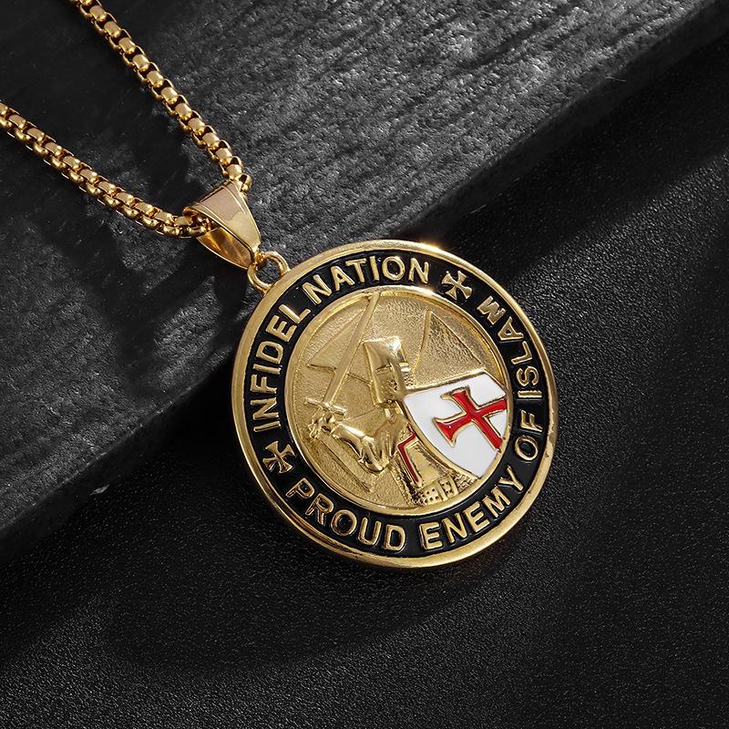 New Onlysda Cool Men s Pendant Stainless Steel Red Armor Shield Knight Templar Crusader Cross Necklace Punk Jewelry 60CM