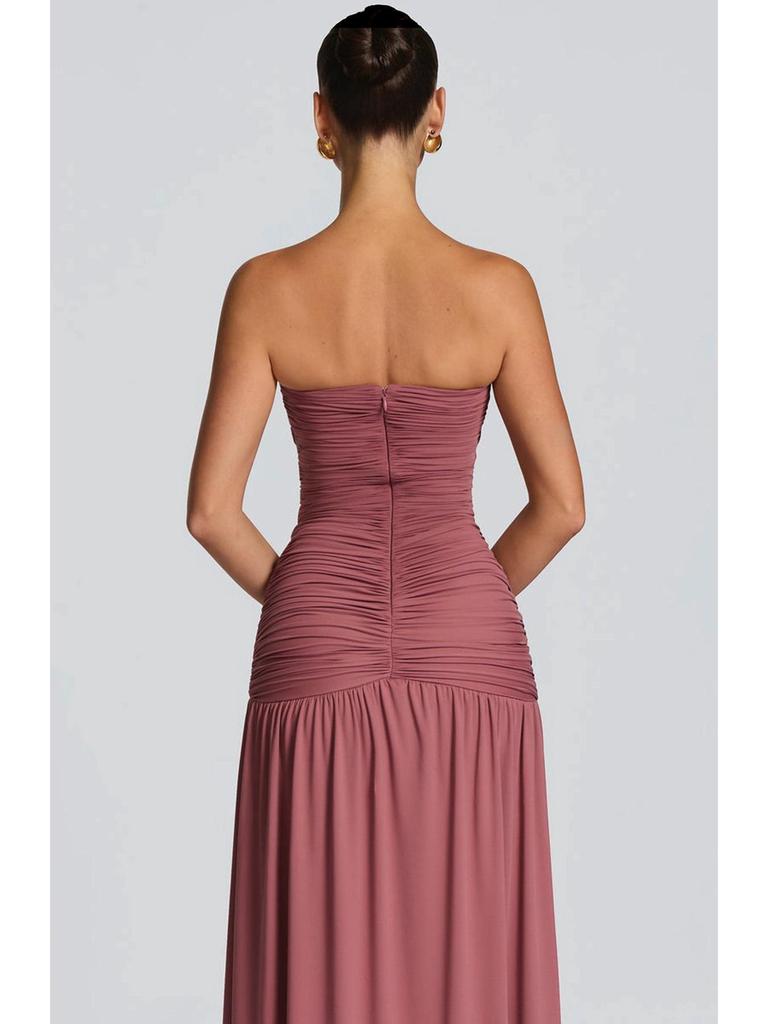 European-Style Strapless Pleated High-Slit Open-Back Evening Gown