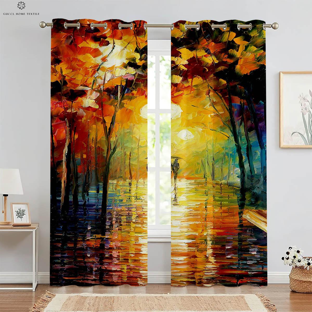 Landschaft Ölmalerei Dekovorhang, 3D-Druck Vorhang, Studio Wohnheim Schlafzimmer Wohnzimmer, Leicht zu waschen und zu pflegen W50xH130(CM)x2PCS&Rod pocket