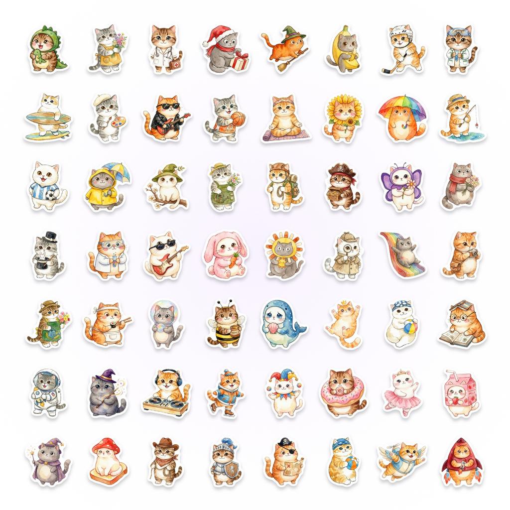 50 Hand-Painted Cartoon Cat Stickers Cute Wind Waterproof Hand Account Decorative Stickers Creative Children Stickers
