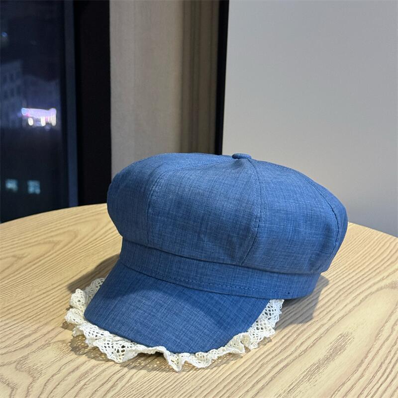 Lace-trimmed denim octagonal hat for women, spring/summer, large head circumference, makes the face look smaller, artistic and sophisticated, beret,