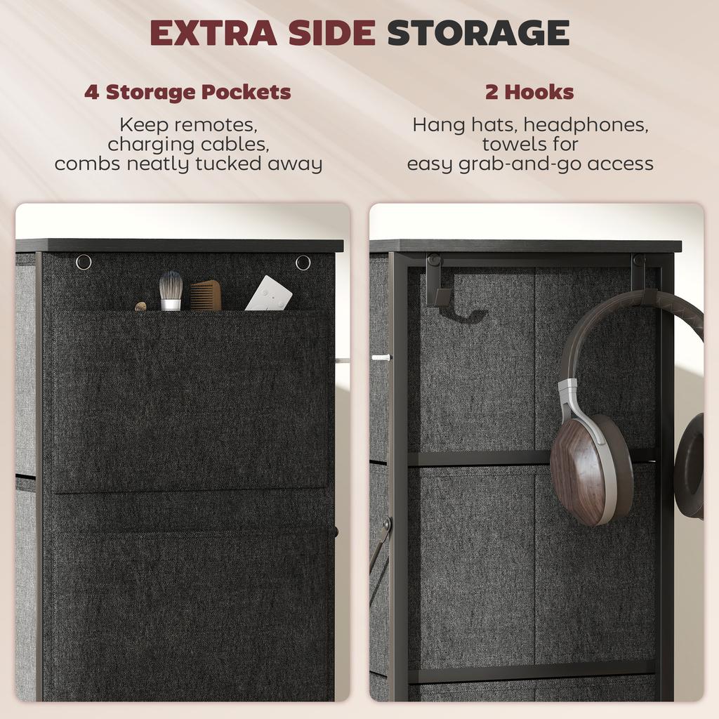 Chest of Drawers, Dresser for Bedroom with 8 Fabric Drawers, Tall Storage Unit w/ Side Storage Bag, Grey