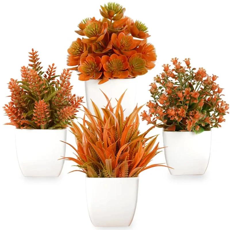 Top Quality Artificial Plants Autumn Potted Mini Ornaments Plastic Fake Flowers In Pot for Home Kitchen Room Fall Festival