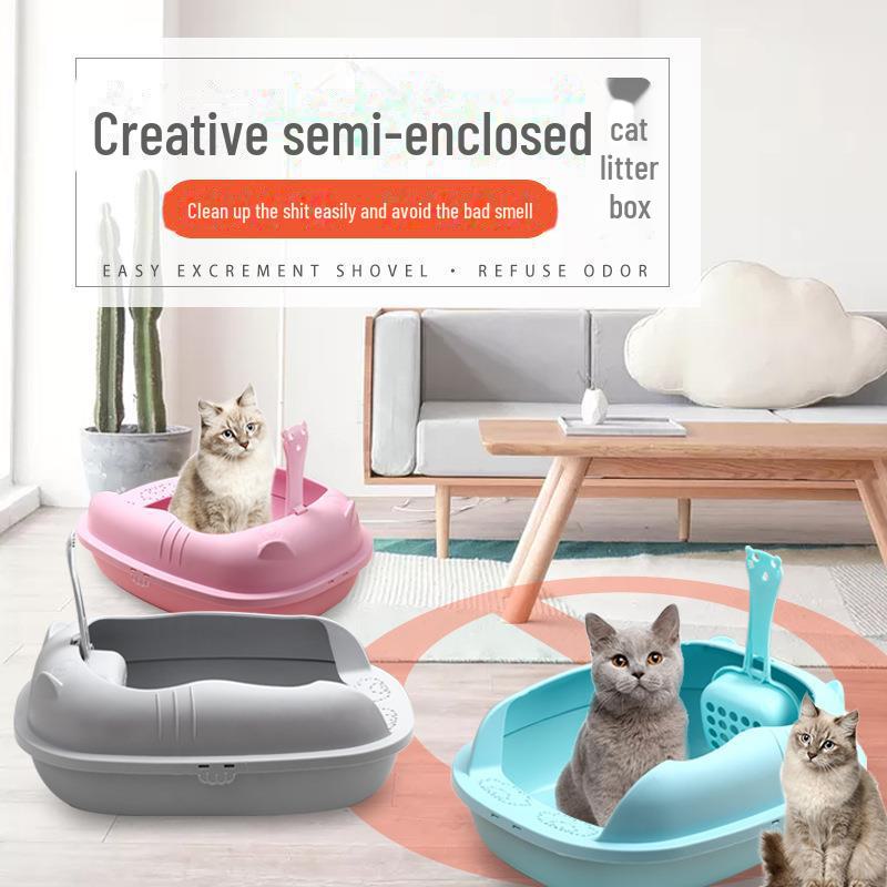 Semi-Enclosed Detachable Cat Litter Box with Anti-Splash Design and Shovel