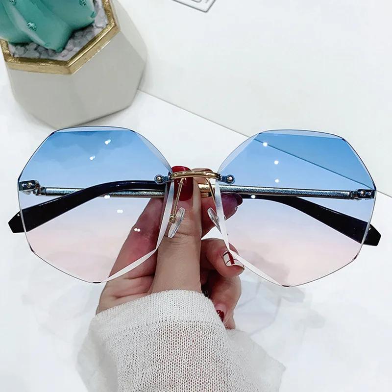 Rimless Sunglasses Women Retro Metallic UV400 Protection Fashion Cutting Lens Eyewear Lightweight Stylish Sun Glasses