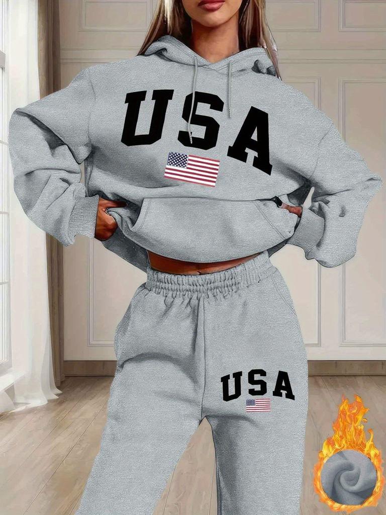 USA Letter Printing Solid Color European and American New Fashion Casual Hooded Sweater Set