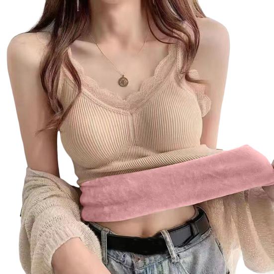 Gilet Termico da Donna con Bordo in Pizzo Foderato in Peluche Scollo a V Senza Maniche Filo Tinta Unita Vestibilità Slim Elastico con Imbottiture sul Petto Sovrapposizione