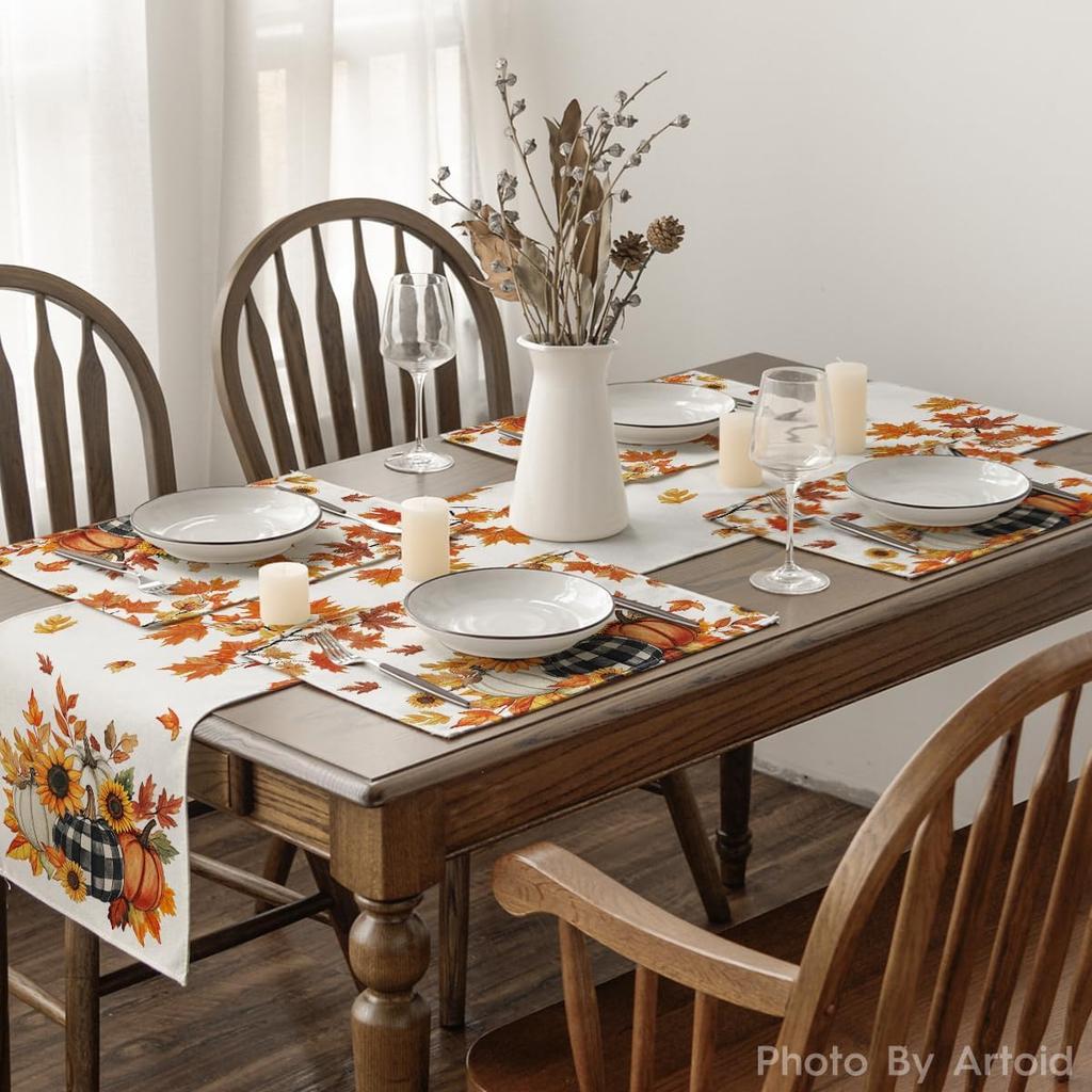 Artoid Mode Fall Pumpk Sunflowers Leaves Placemats Set of 4, 12x18 Inch Thanksgiving Vintage Table Mats for Dining Party Decoration