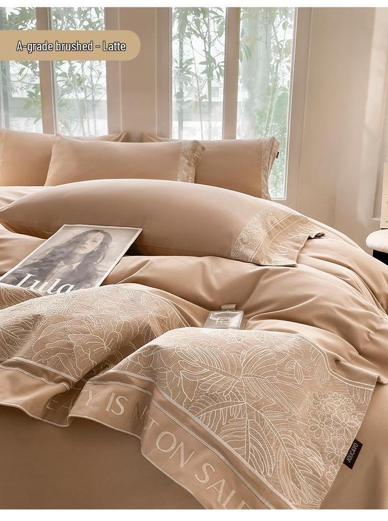 Mercury Pure Cotton Embroidered 4-Piece Set: Brushed Thick Warm Long-Staple Cotton Solid Color Fitted Sheet