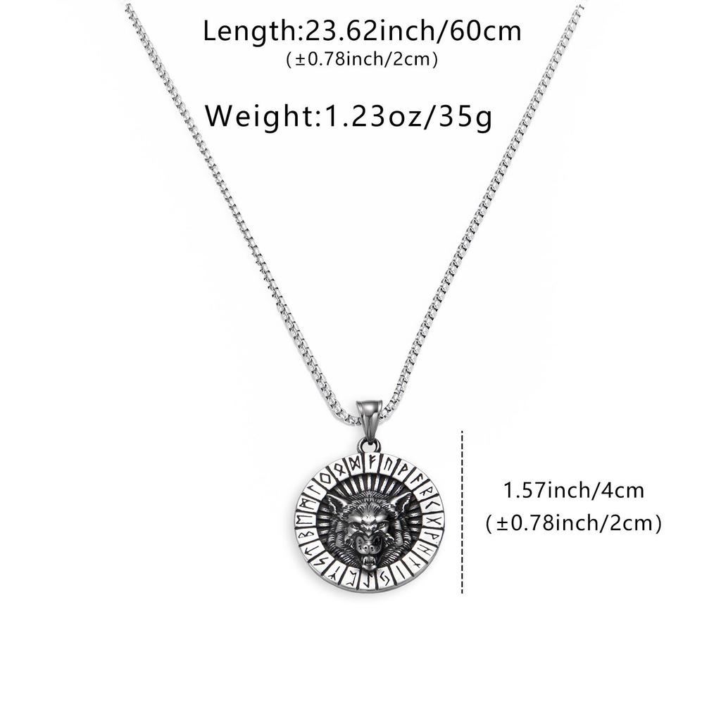 Men's Distressed Long Box Chain Necklace with Stainless Steel Wolf Head Rune Pendant