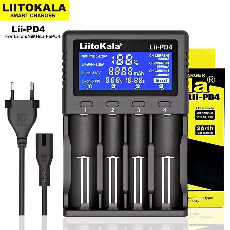 LiitoKala Lii-PD4 AC PD Charger LCD Fast Charging 4-Bay for LiFePO4 3.2V 21700/18650/AA/AAA Multi-Protection Auto-Detect US