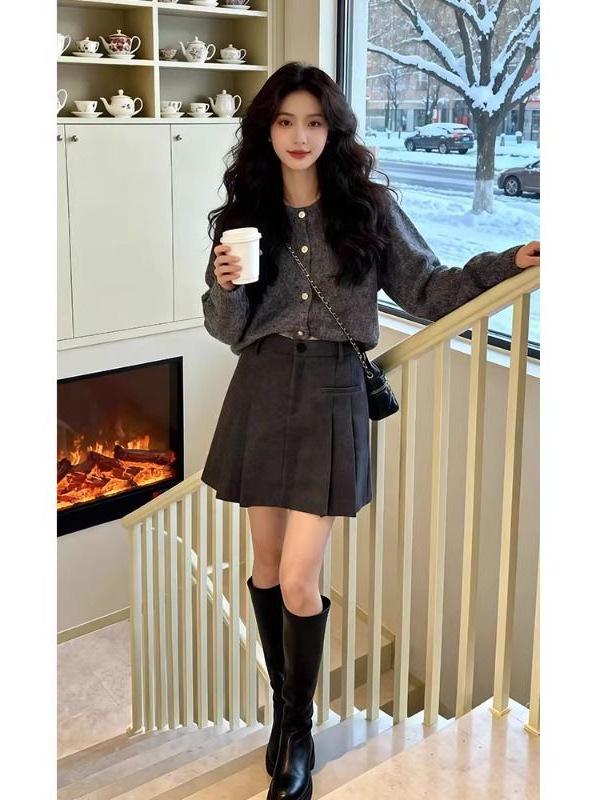 Women's High-Waist Wool Pleated Skirt - Autumn Winter Slim A-line, Anti-Exposure, Casual Short Skirt