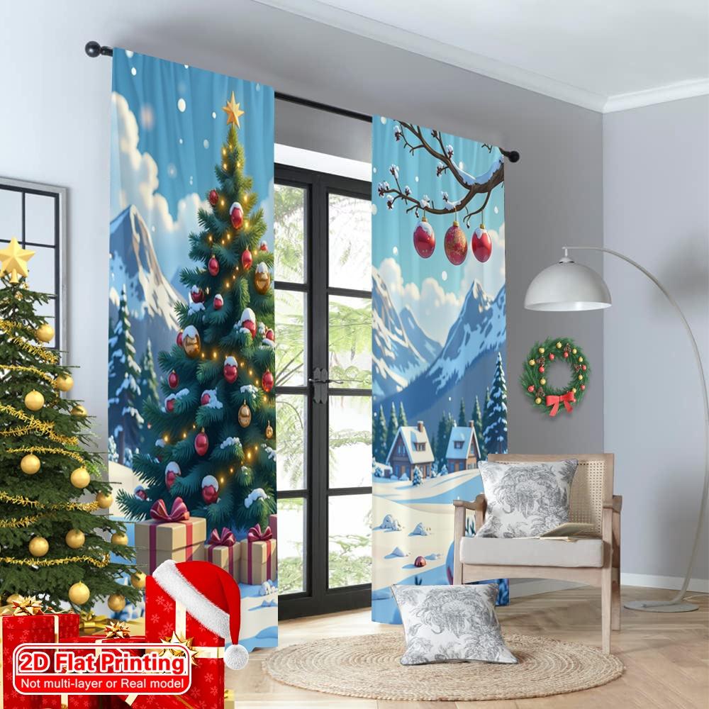 2pcs 2D Flat Printing Merry Christmas Popular Curtains Christmas Village Snow Gifts Tree Polyester Without Electricity Festive