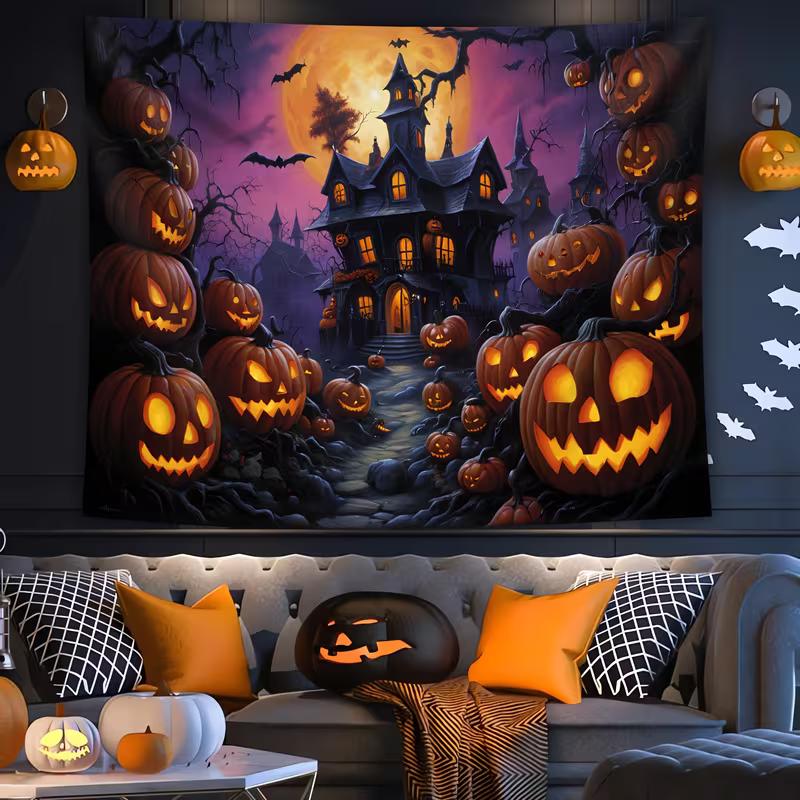 2D Creepy Halloween Tapestry Haunted Mansion with Bats Wall Hanging