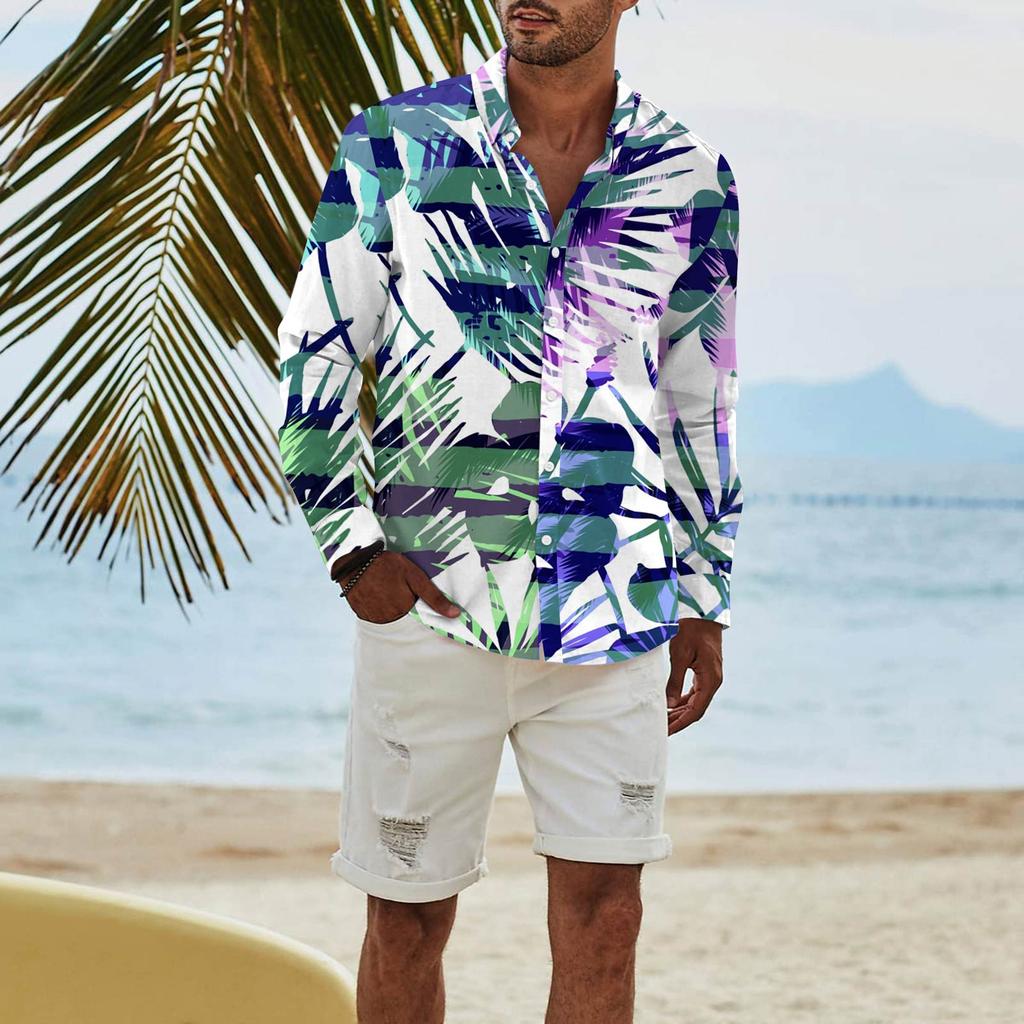 Men's Fashion Long Sleeve Printed Casual T Shirt Button Regular Fit Shirt Top